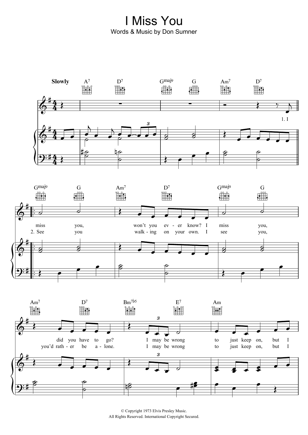 Elvis Presley I Miss You sheet music notes and chords arranged for Piano, Vocal & Guitar Chords