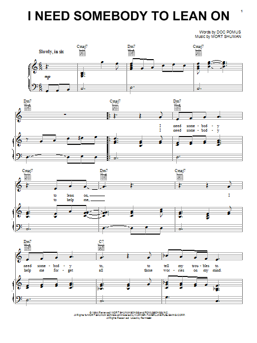 Elvis Presley I Need Somebody To Lean On sheet music notes and chords arranged for Piano, Vocal & Guitar Chords (Right-Hand Melody)