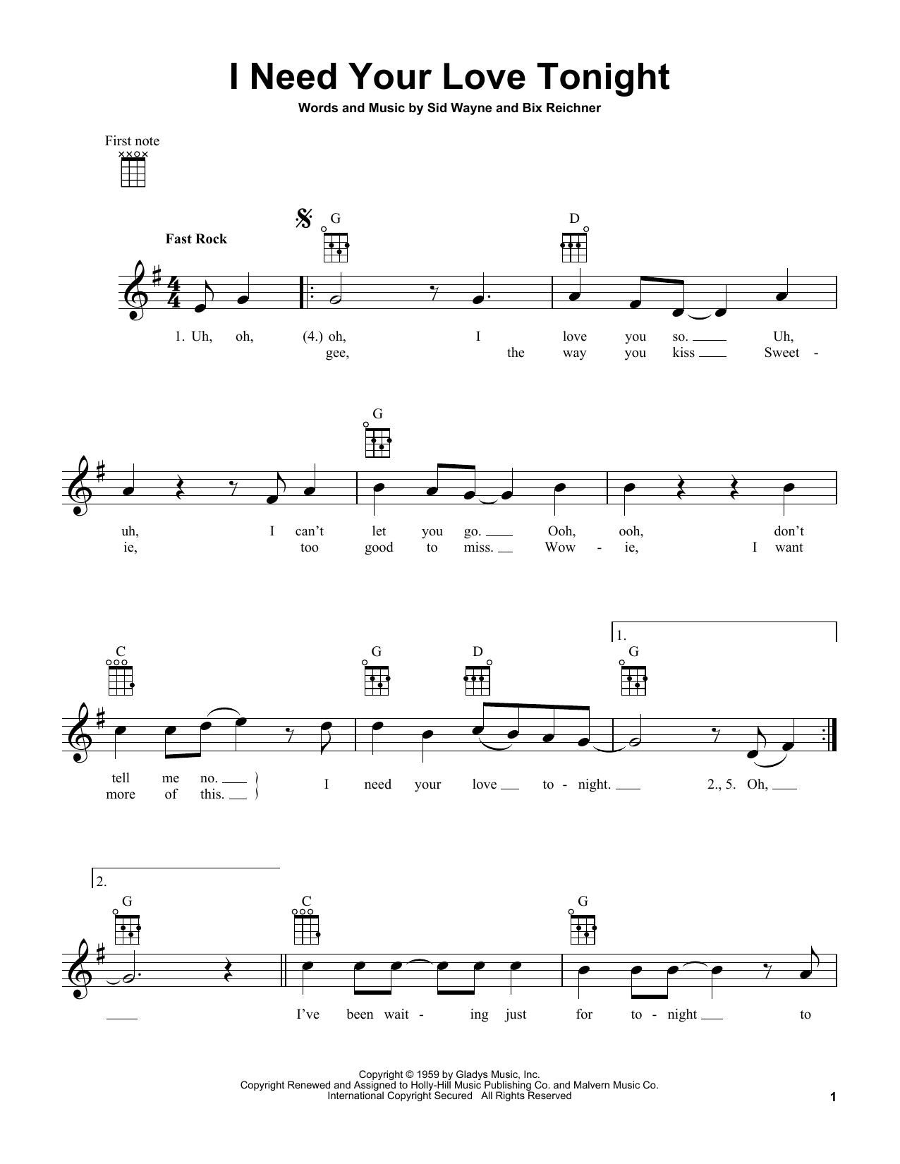 Elvis Presley I Need Your Love Tonight sheet music notes and chords arranged for Guitar Chords/Lyrics