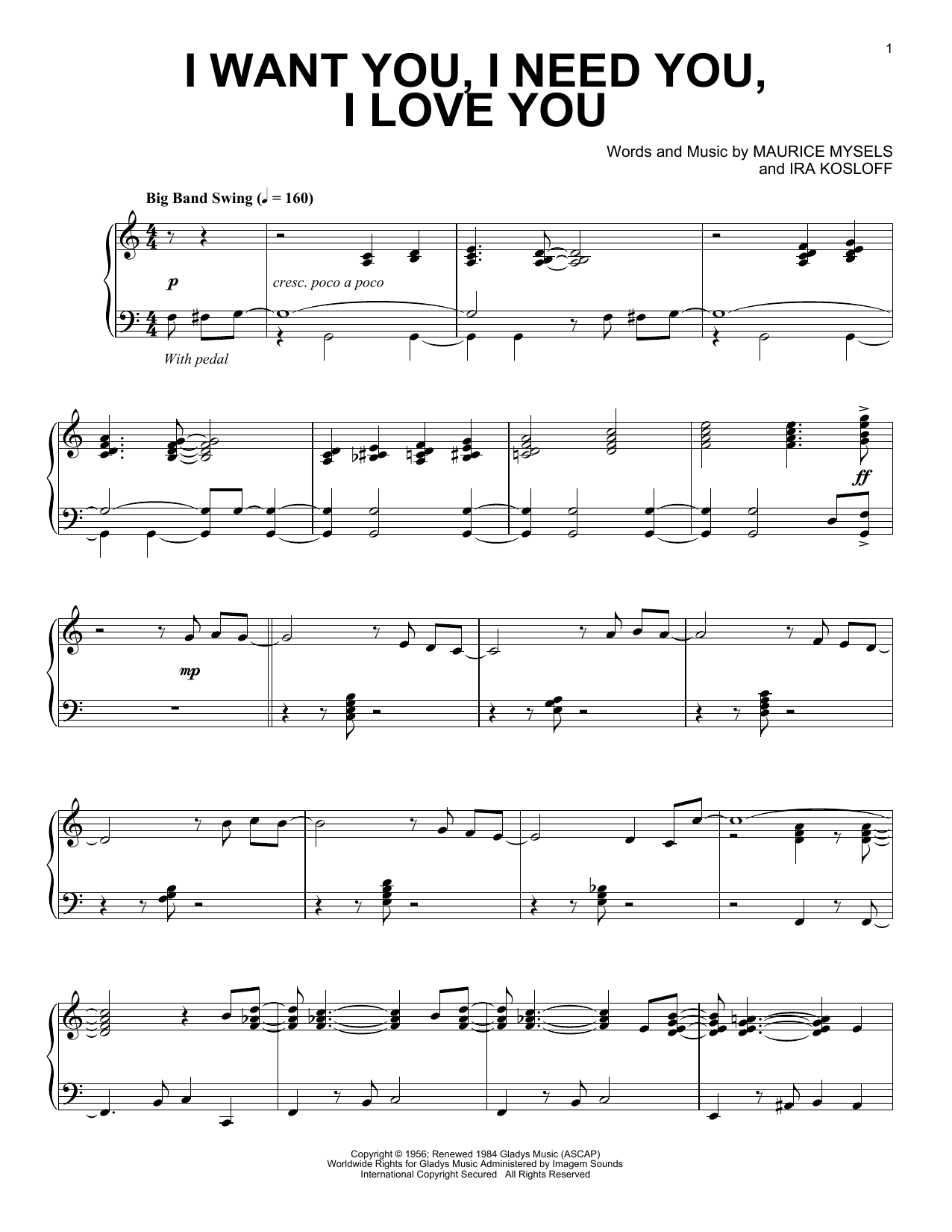 Elvis Presley I Want You, I Need You, I Love You [Jazz version] sheet music notes and chords arranged for Piano Solo