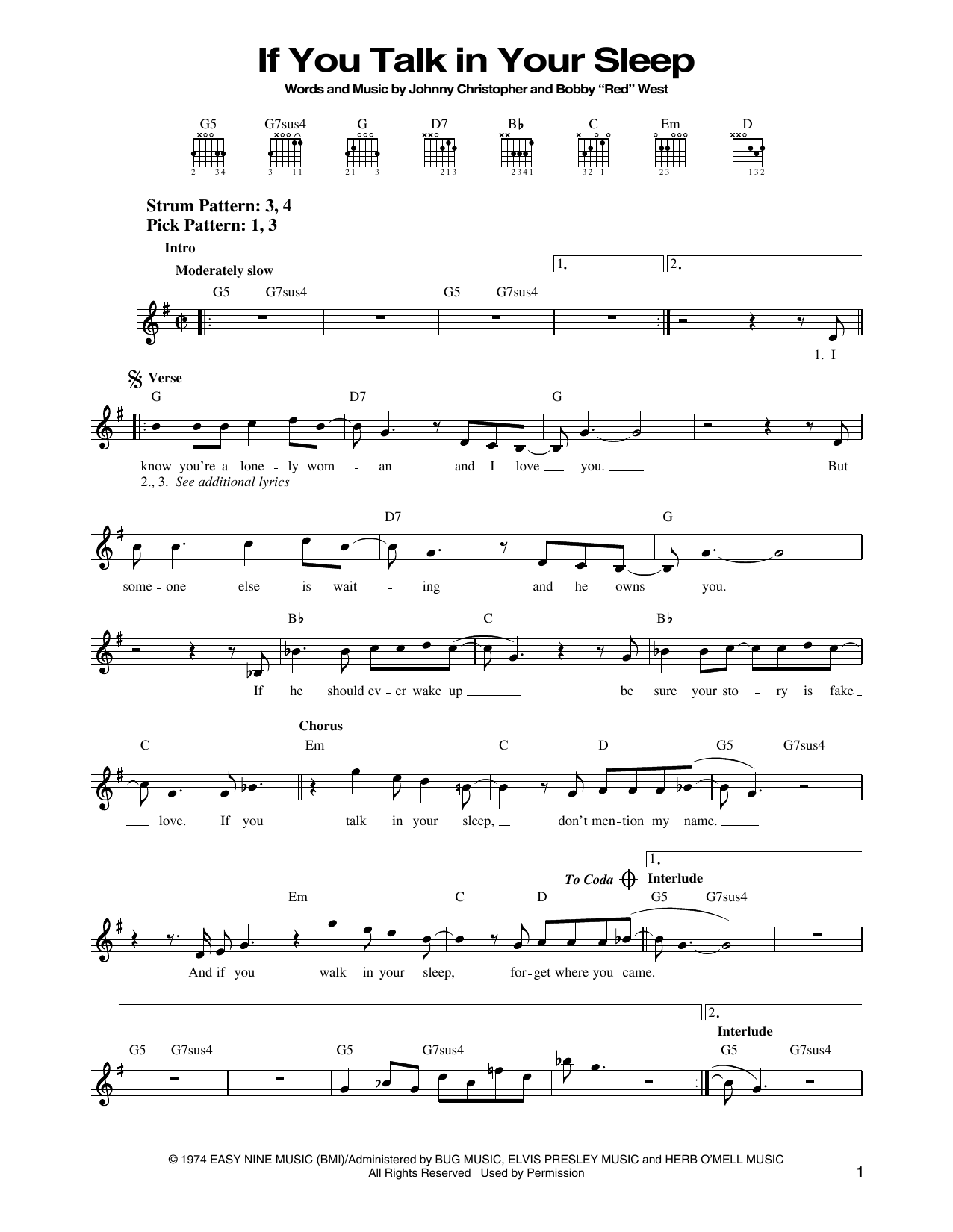 Elvis Presley If You Talk In Your Sleep sheet music notes and chords arranged for Easy Guitar