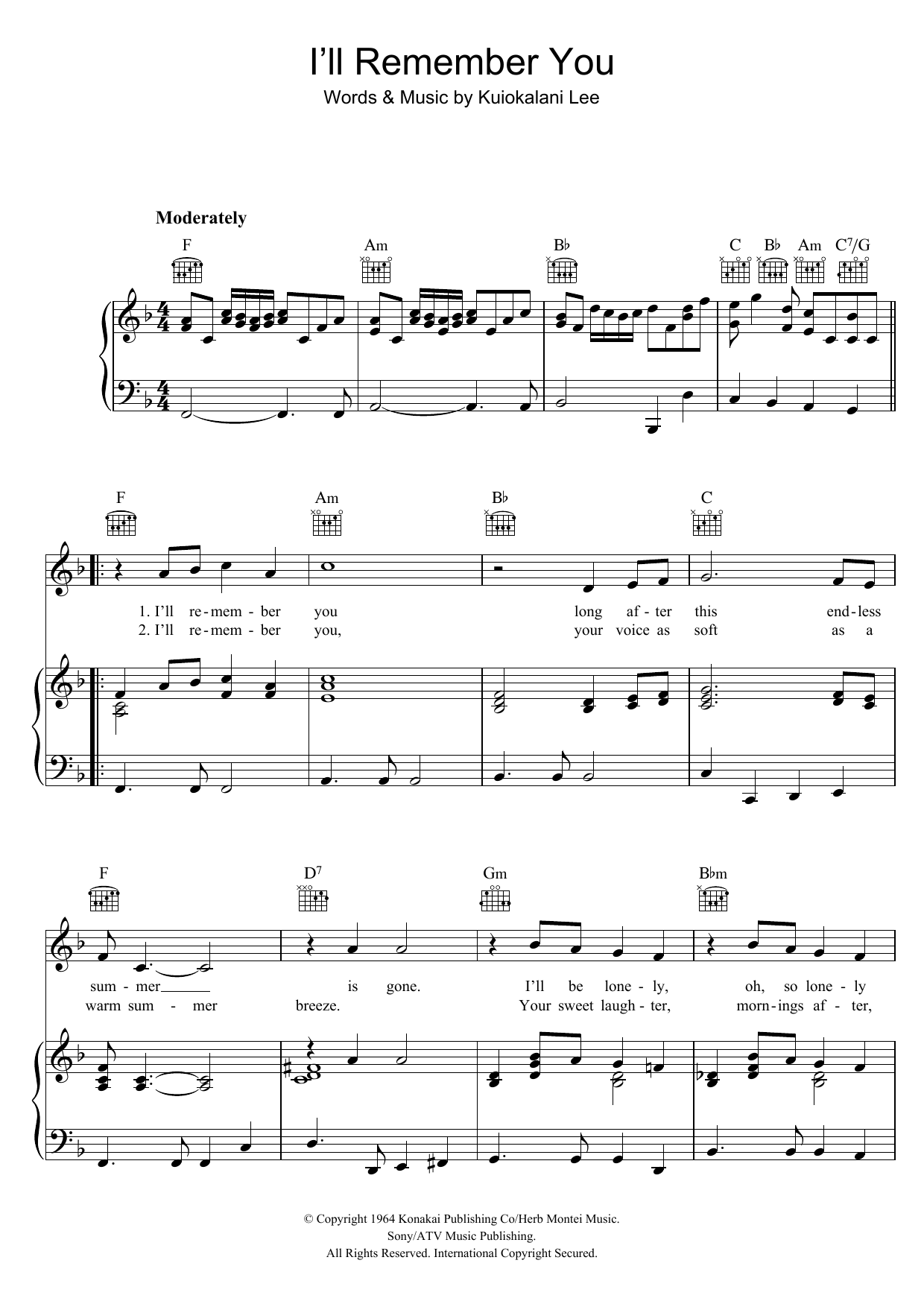 Elvis Presley I'll Remember You sheet music notes and chords arranged for Piano, Vocal & Guitar Chords