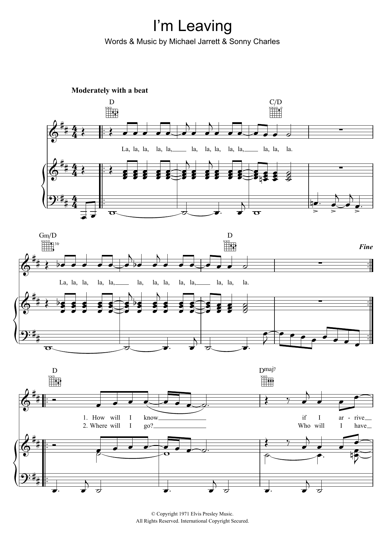 Elvis Presley I'm Leaving sheet music notes and chords arranged for Piano, Vocal & Guitar Chords