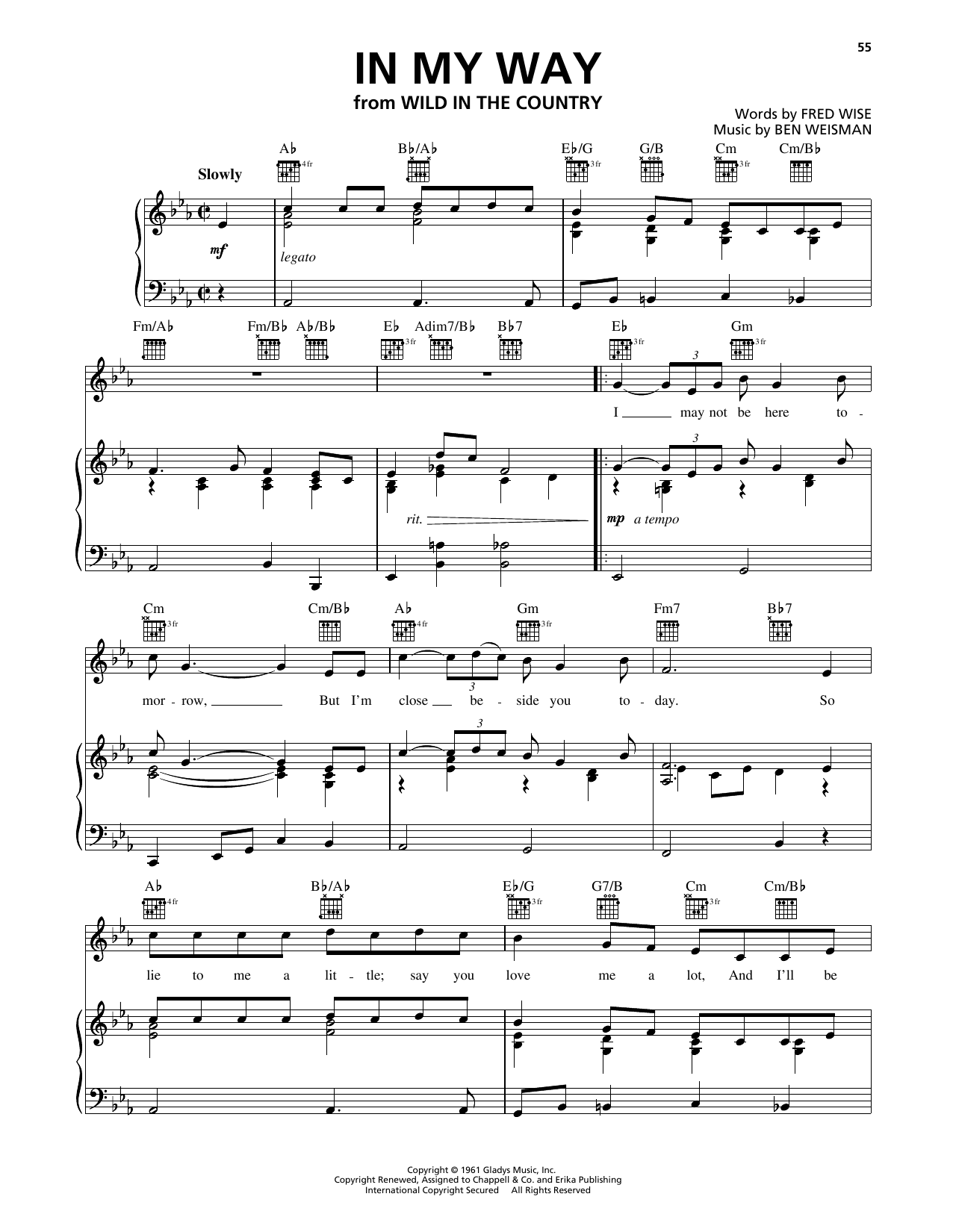 Elvis Presley In My Way sheet music notes and chords arranged for Piano, Vocal & Guitar Chords (Right-Hand Melody)