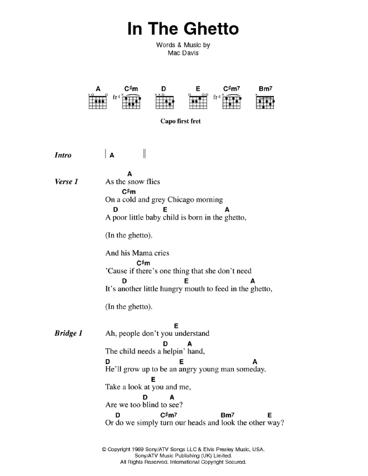 Elvis Presley In The Ghetto sheet music notes and chords arranged for Guitar Chords/Lyrics