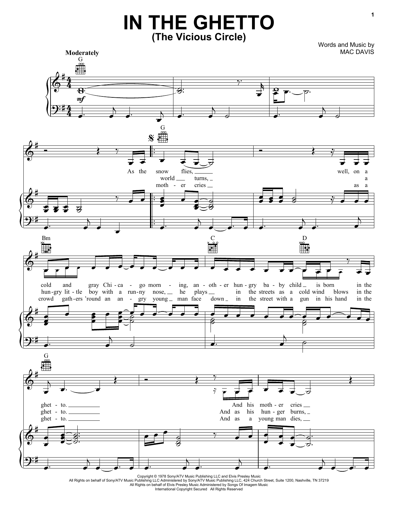 Elvis Presley In The Ghetto (The Vicious Circle) sheet music notes and chords arranged for Easy Guitar