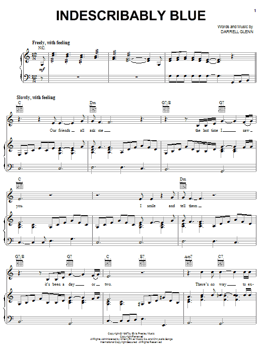 Elvis Presley Indescribably Blue sheet music notes and chords arranged for Piano, Vocal & Guitar Chords (Right-Hand Melody)