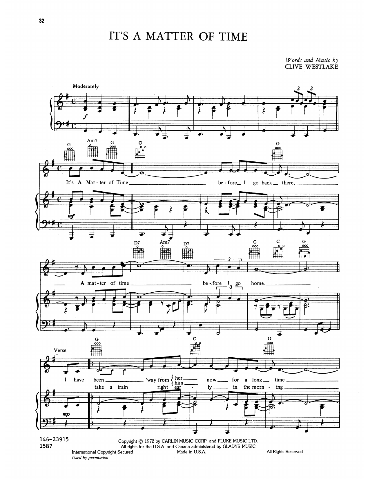 Elvis Presley It's A Matter Of Time sheet music notes and chords arranged for Piano, Vocal & Guitar Chords (Right-Hand Melody)