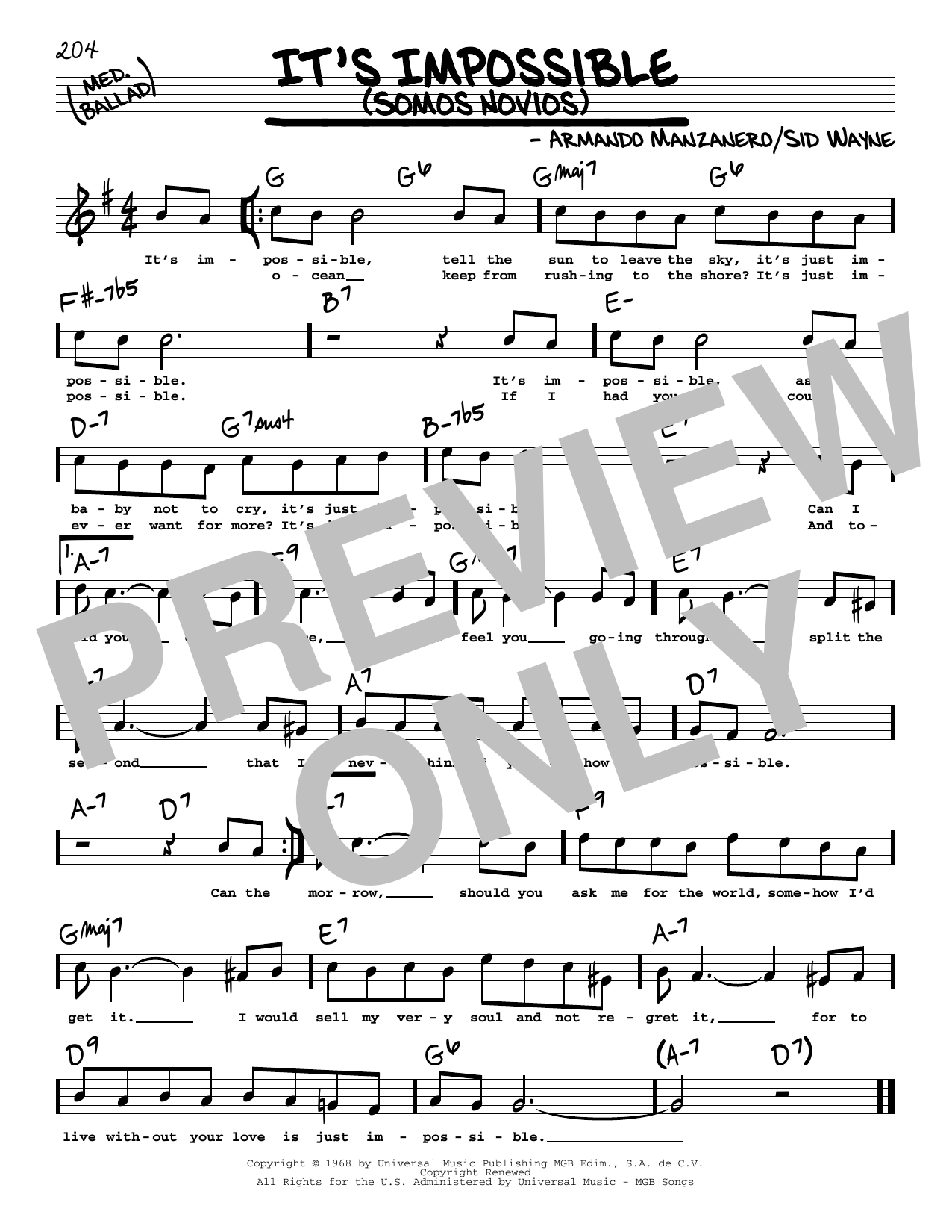 Elvis Presley It's Impossible (Somos Novios) (High Voice) sheet music notes and chords arranged for Real Book – Melody, Lyrics & Chords