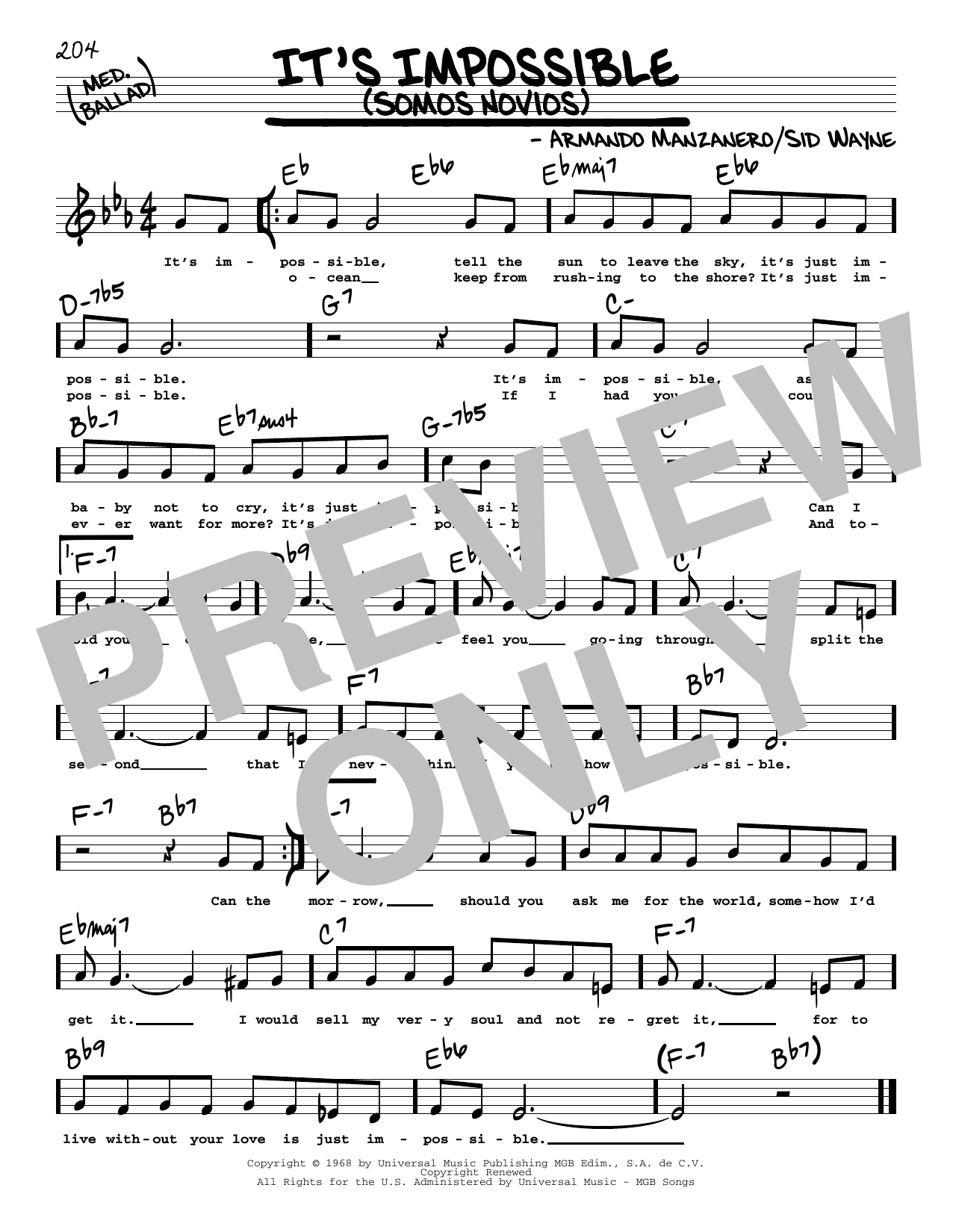Elvis Presley It's Impossible (Somos Novios) (Low Voice) sheet music notes and chords arranged for Real Book – Melody, Lyrics & Chords