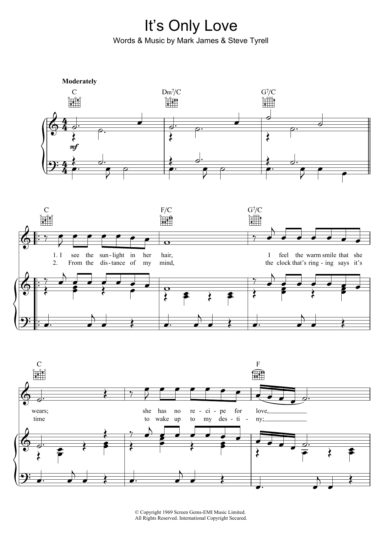 Elvis Presley It's Only Love sheet music notes and chords arranged for Piano, Vocal & Guitar Chords