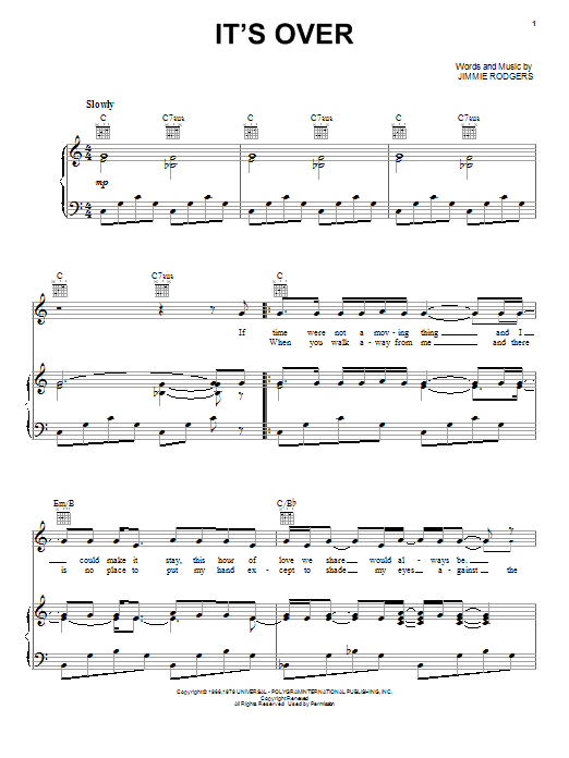 Elvis Presley It's Over sheet music notes and chords arranged for Piano, Vocal & Guitar Chords