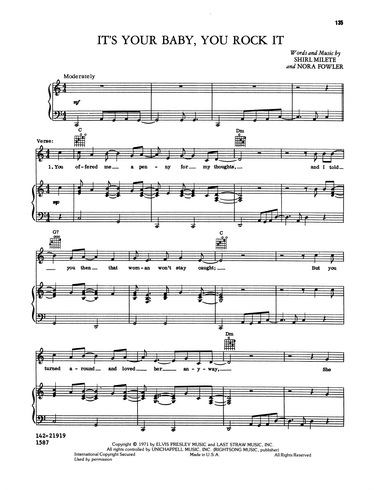 Elvis Presley It's Your Baby You Rock It sheet music notes and chords arranged for Piano, Vocal & Guitar Chords (Right-Hand Melody)