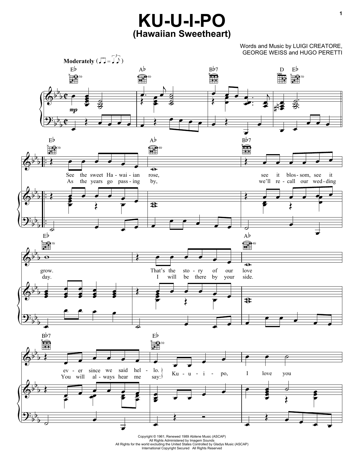 Elvis Presley Ku-U-I-Po (Hawaiian Sweetheart) sheet music notes and chords arranged for Piano, Vocal & Guitar Chords (Right-Hand Melody)