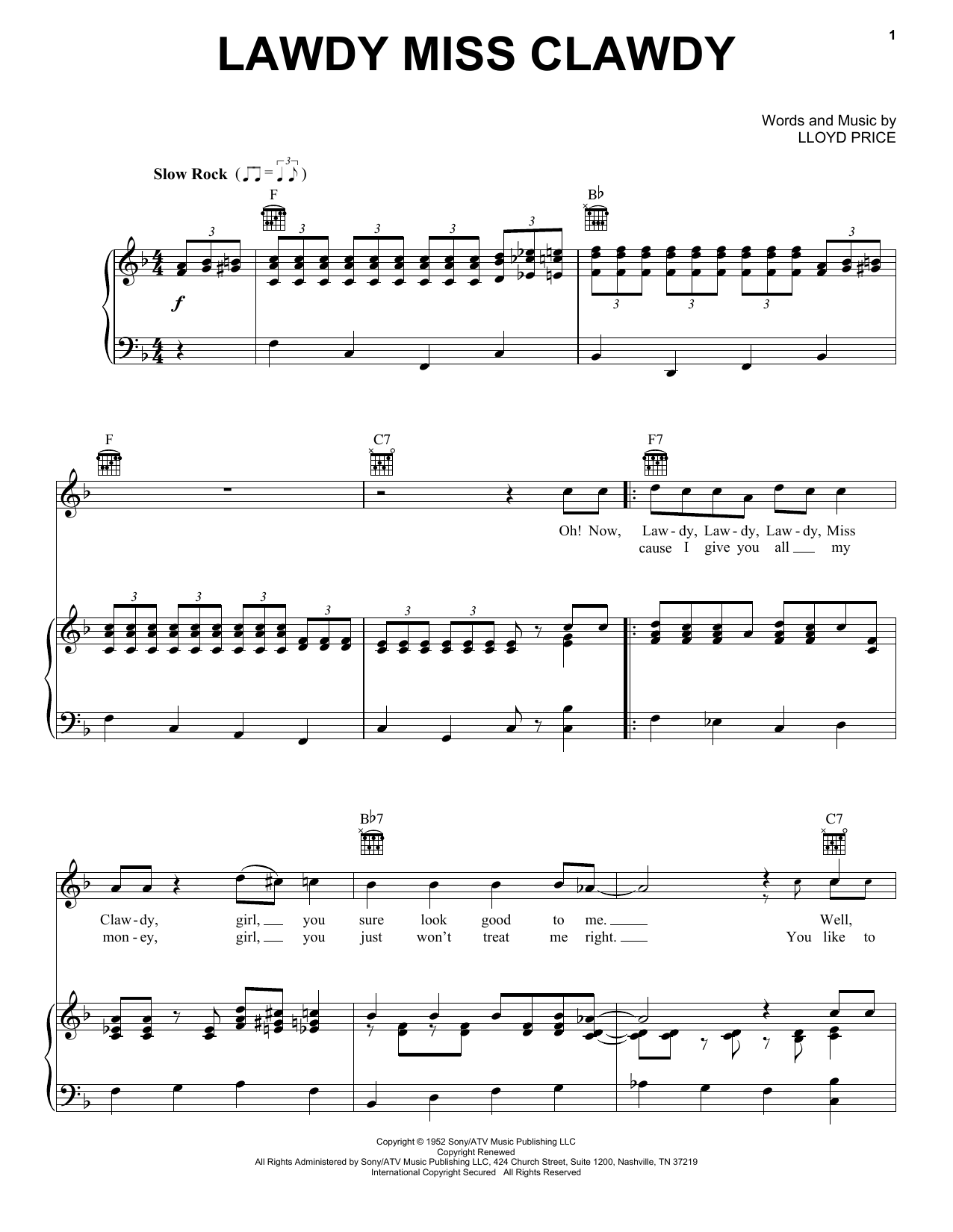 Elvis Presley Lawdy Miss Clawdy sheet music notes and chords arranged for Guitar Chords/Lyrics