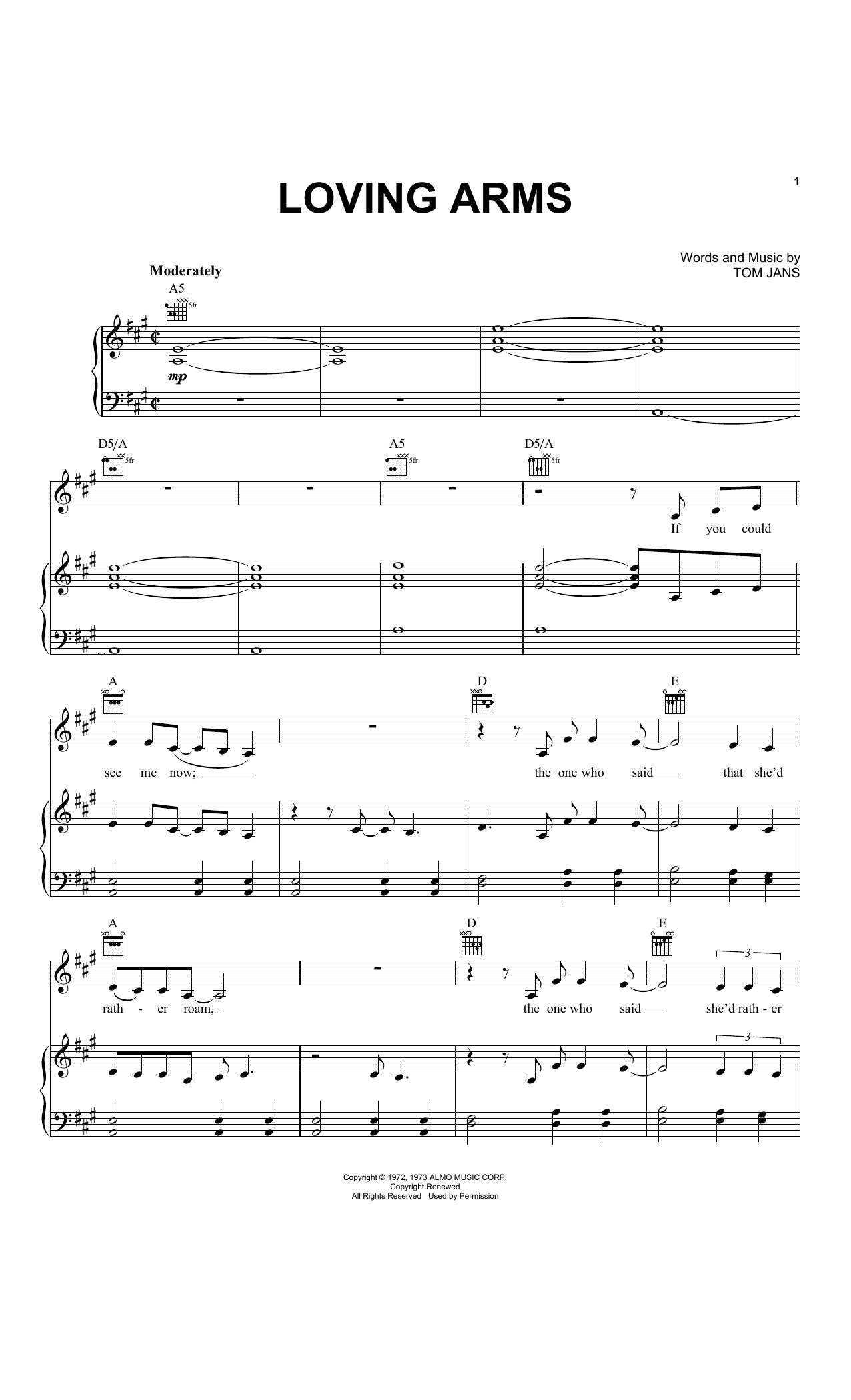 Elvis Presley Loving Arms sheet music notes and chords arranged for Piano, Vocal & Guitar Chords (Right-Hand Melody)