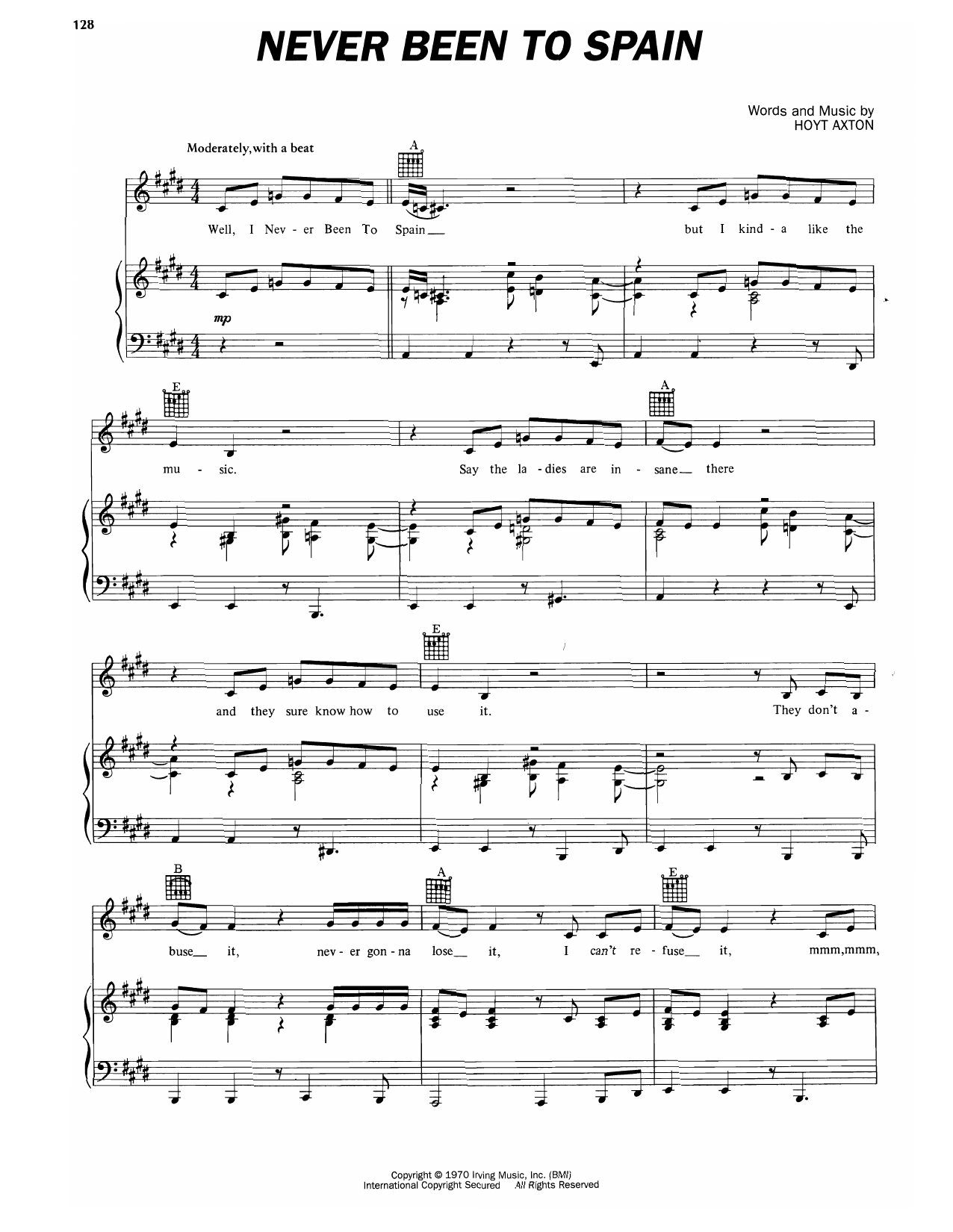 Elvis Presley Never Been To Spain sheet music notes and chords arranged for Piano, Vocal & Guitar Chords (Right-Hand Melody)