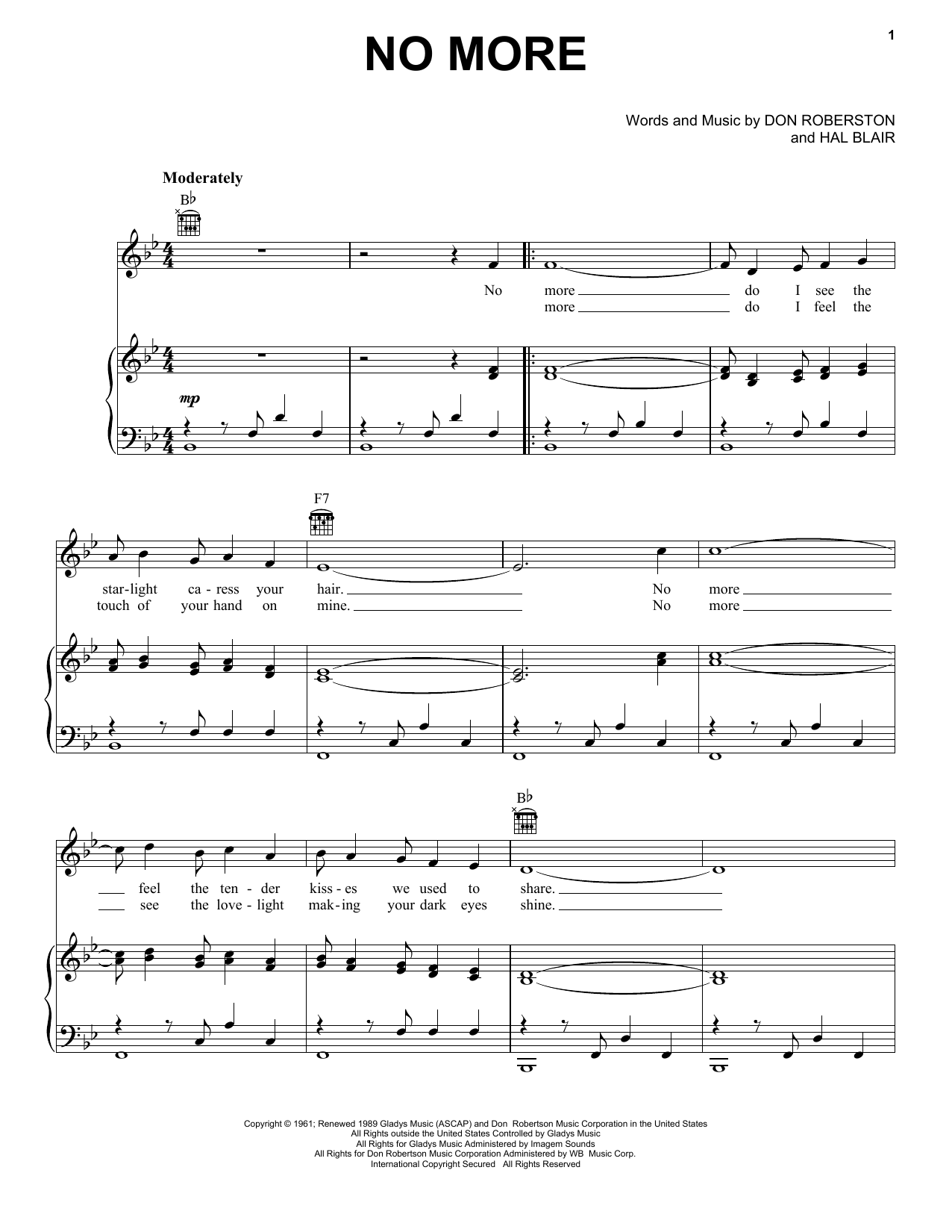 Elvis Presley No More sheet music notes and chords arranged for Piano, Vocal & Guitar Chords (Right-Hand Melody)