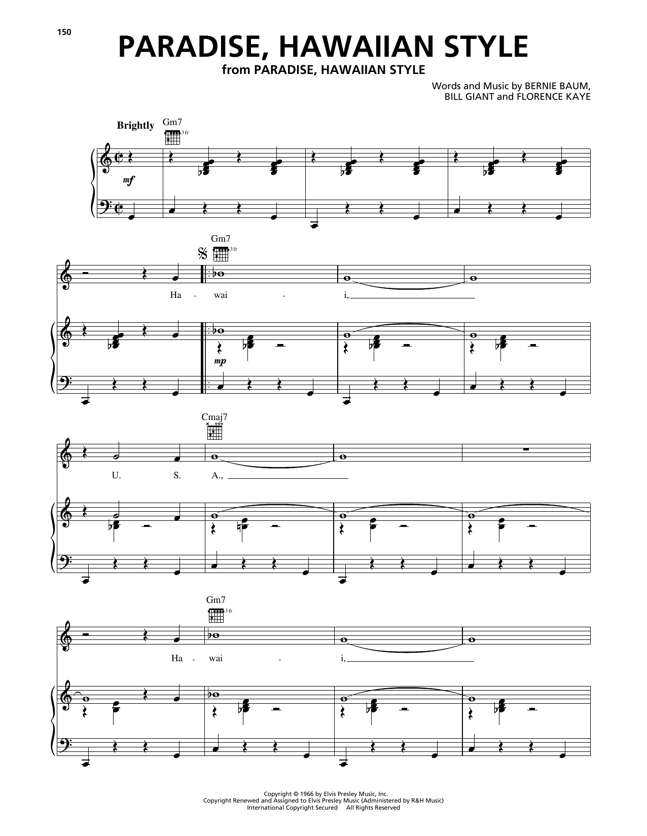 Elvis Presley Paradise, Hawaiian Style sheet music notes and chords arranged for Piano, Vocal & Guitar Chords (Right-Hand Melody)