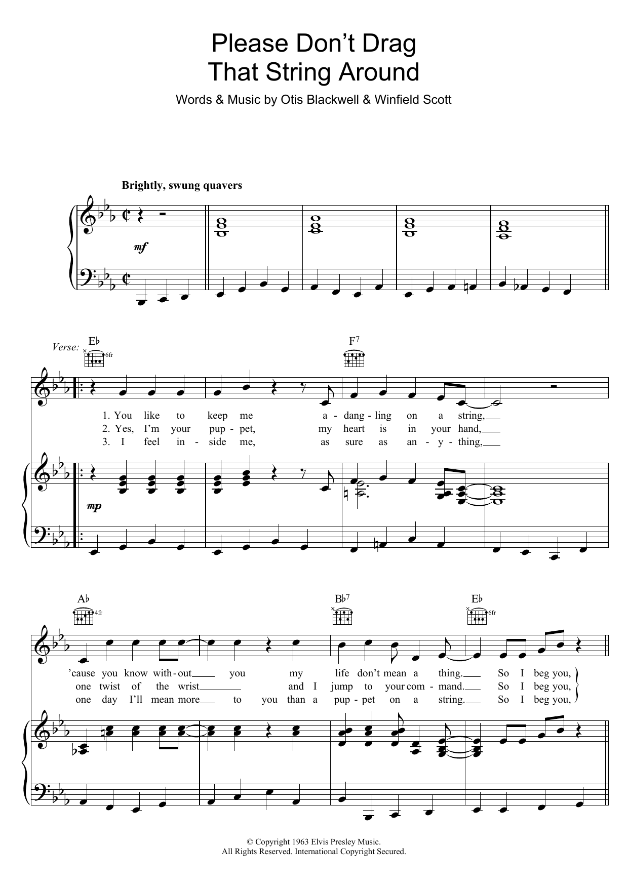 Elvis Presley Please Don't Drag That String Around sheet music notes and chords arranged for Piano, Vocal & Guitar Chords