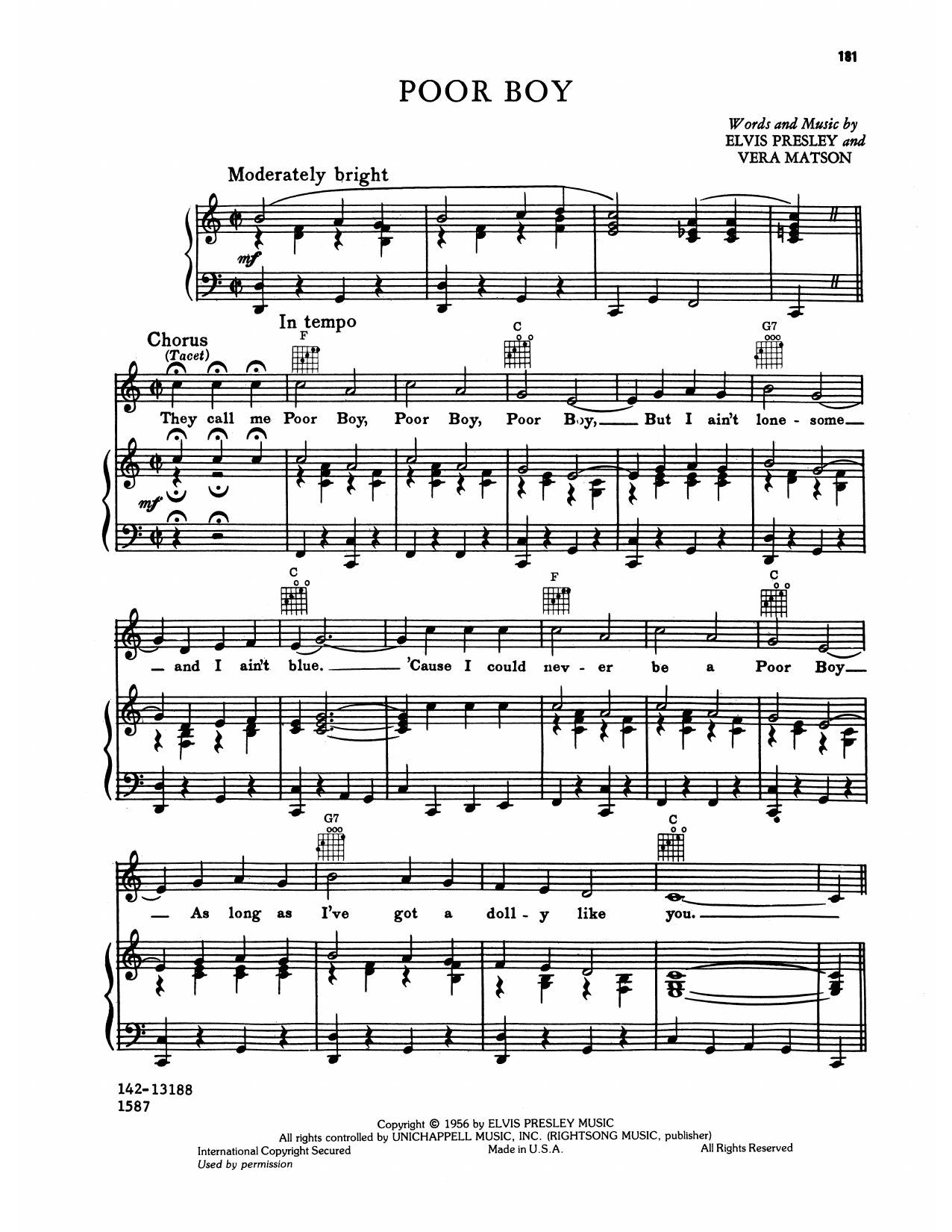 Elvis Presley Poor Boy sheet music notes and chords arranged for Piano, Vocal & Guitar Chords (Right-Hand Melody)