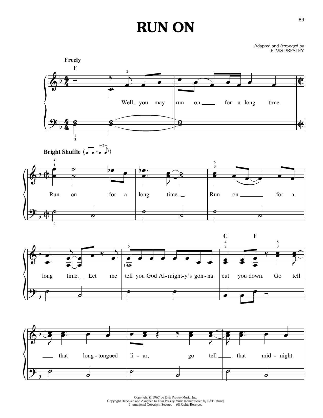 Elvis Presley Run On sheet music notes and chords arranged for Easy Piano