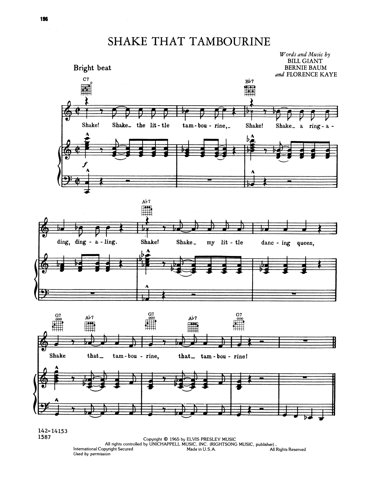 Elvis Presley Shake That Tamborine sheet music notes and chords arranged for Piano, Vocal & Guitar Chords (Right-Hand Melody)