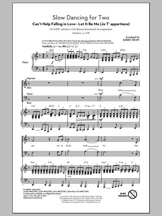 Elvis Presley Slow Dancing for Two (Arr. Kirby Shaw) sheet music notes and chords arranged for SATB Choir