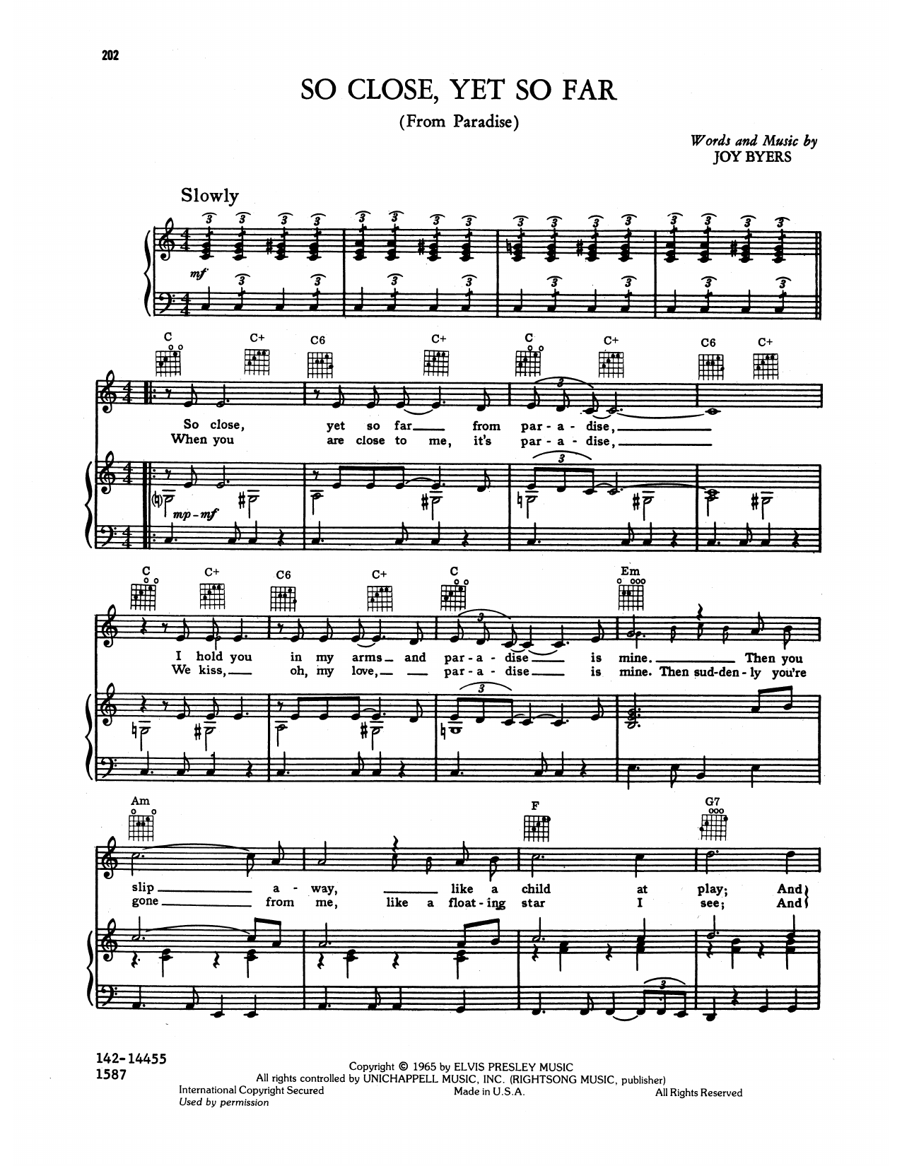 Elvis Presley So Close, Yet So Far (from Paradise) sheet music notes and chords arranged for Piano, Vocal & Guitar Chords (Right-Hand Melody)