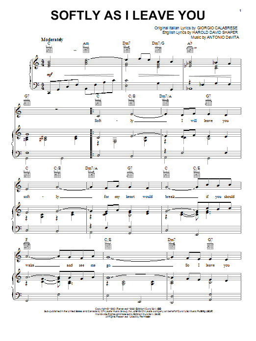 Elvis Presley Softly As I Leave You sheet music notes and chords arranged for Piano, Vocal & Guitar Chords (Right-Hand Melody)