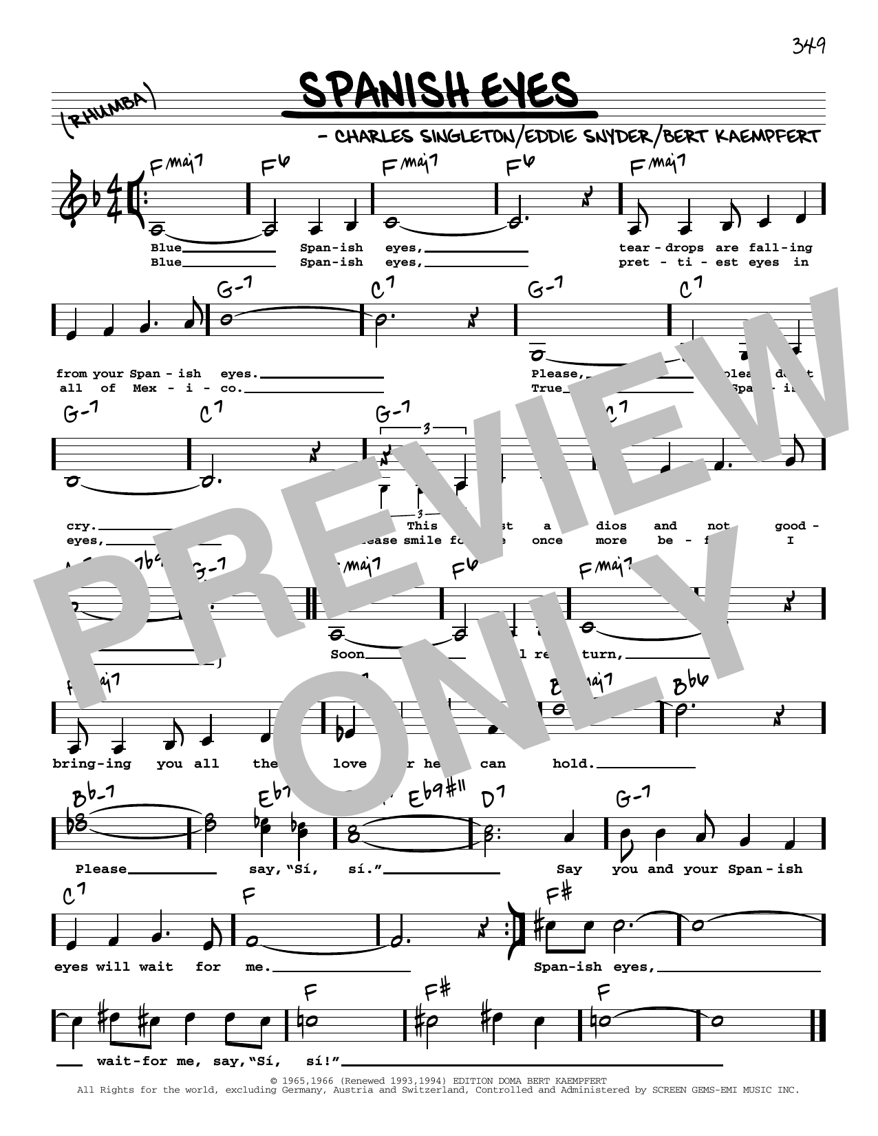 Elvis Presley Spanish Eyes (Low Voice) sheet music notes and chords arranged for Real Book – Melody, Lyrics & Chords