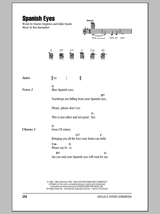 Elvis Presley Spanish Eyes sheet music notes and chords arranged for Ukulele Chords/Lyrics