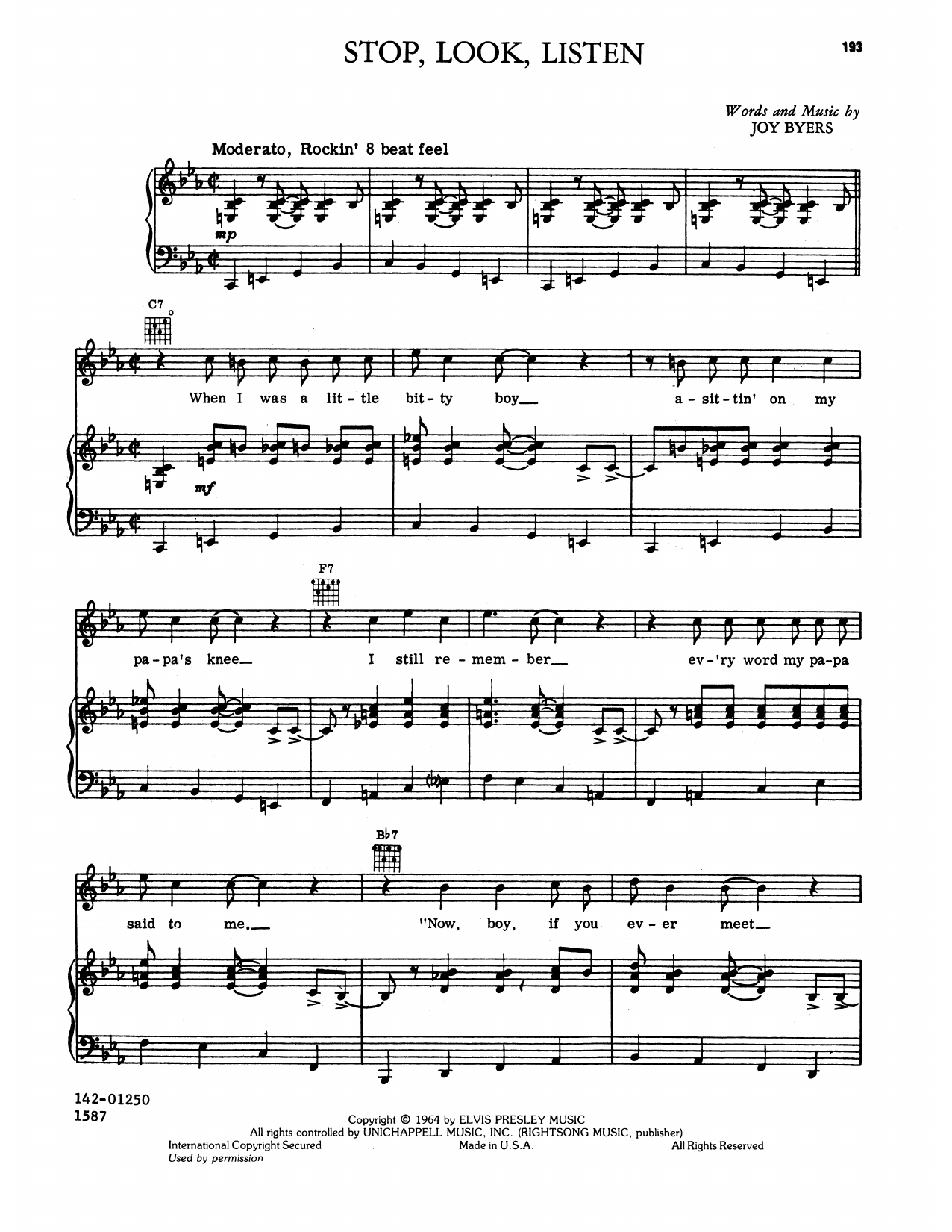 Elvis Presley Stop, Look, Listen sheet music notes and chords arranged for Piano, Vocal & Guitar Chords (Right-Hand Melody)