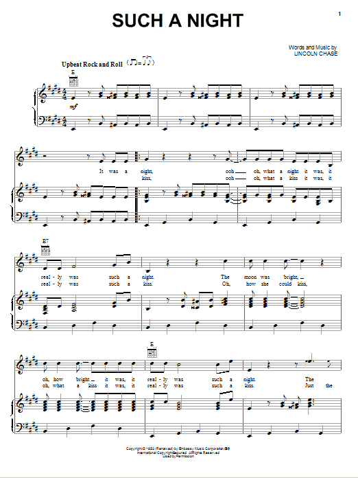 Elvis Presley Such A Night sheet music notes and chords arranged for Piano, Vocal & Guitar Chords