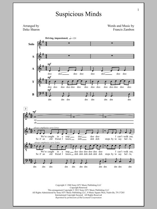 Elvis Presley Suspicious Minds (arr. Deke Sharon) sheet music notes and chords arranged for SATB Choir