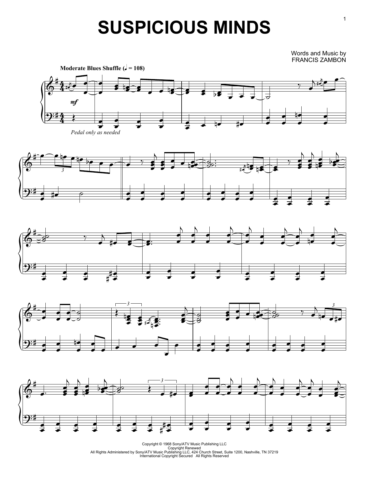 Elvis Presley Suspicious Minds [Jazz version] sheet music notes and chords arranged for Piano Solo