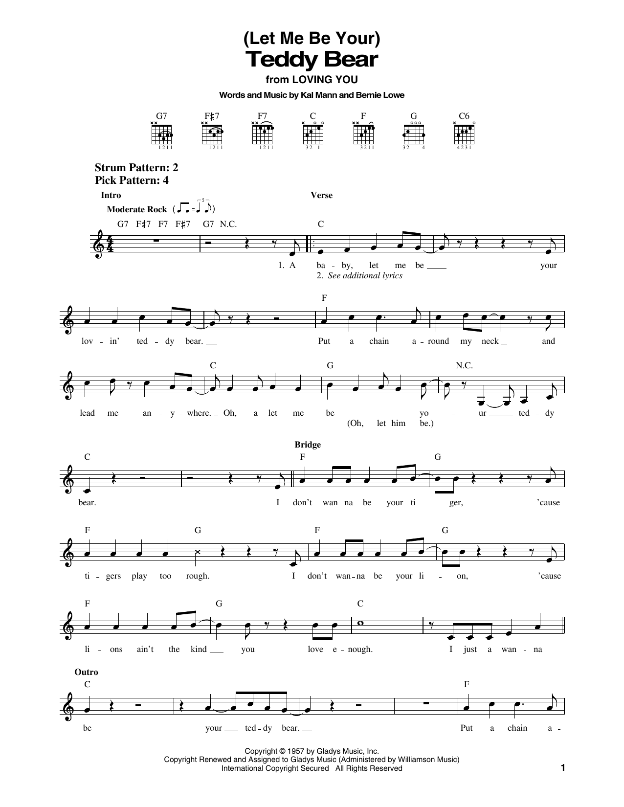 Elvis Presley Teddy Bear sheet music notes and chords arranged for Easy Guitar