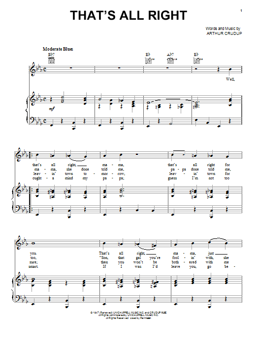 Elvis Presley That's All Right sheet music notes and chords arranged for Guitar Chords/Lyrics