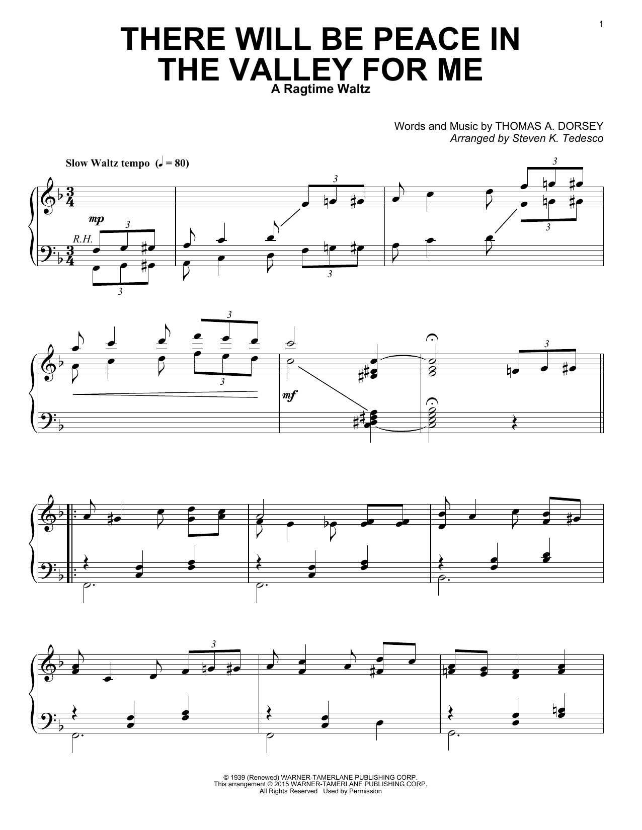 Elvis Presley There Will Be Peace In The Valley For Me (arr. Steven K. Tedesco) [Ragtime version] sheet music notes and chords arranged for Piano Solo