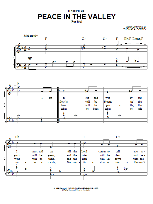 Elvis Presley There Will Be Peace In The Valley For Me sheet music notes and chords arranged for Easy Piano