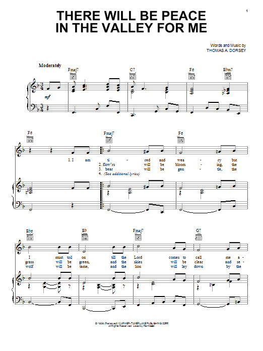Elvis Presley (There'll Be) Peace In The Valley (For Me) sheet music notes and chords arranged for Piano, Vocal & Guitar Chords (Right-Hand Melody)