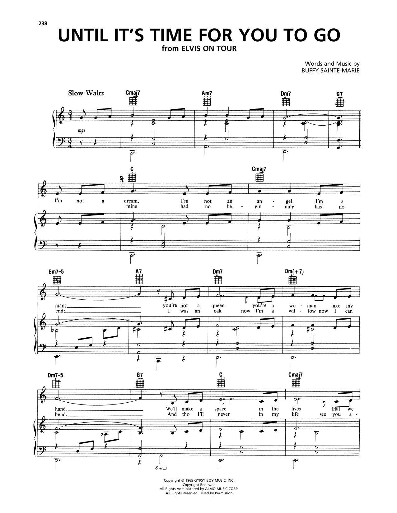 Elvis Presley Until It's Time For You To Go sheet music notes and chords arranged for Piano, Vocal & Guitar Chords (Right-Hand Melody)