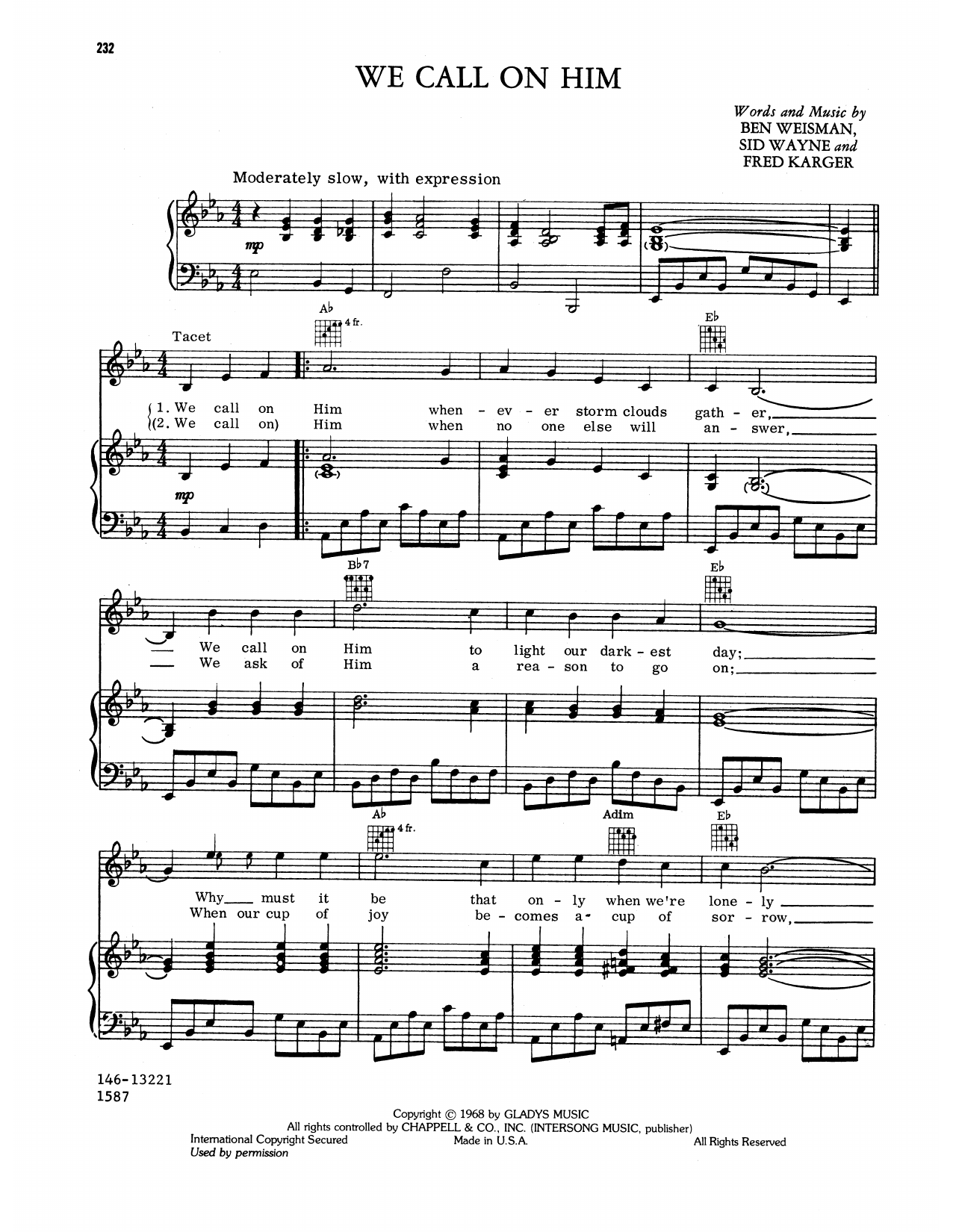 Elvis Presley We Call On Him sheet music notes and chords arranged for Piano, Vocal & Guitar Chords (Right-Hand Melody)