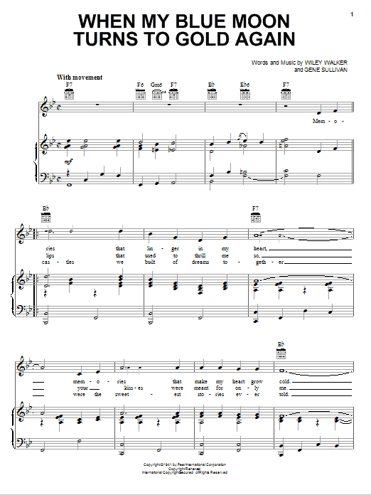 Elvis Presley When My Blue Moon Turns To Gold Again sheet music notes and chords arranged for Piano, Vocal & Guitar Chords (Right-Hand Melody)