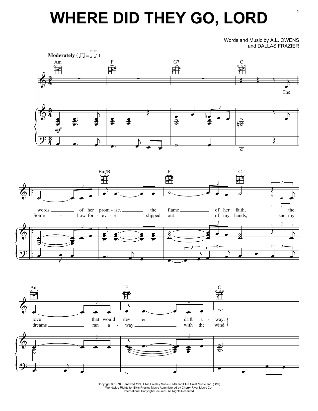Elvis Presley Where Did They Go, Lord sheet music notes and chords arranged for Piano, Vocal & Guitar Chords (Right-Hand Melody)
