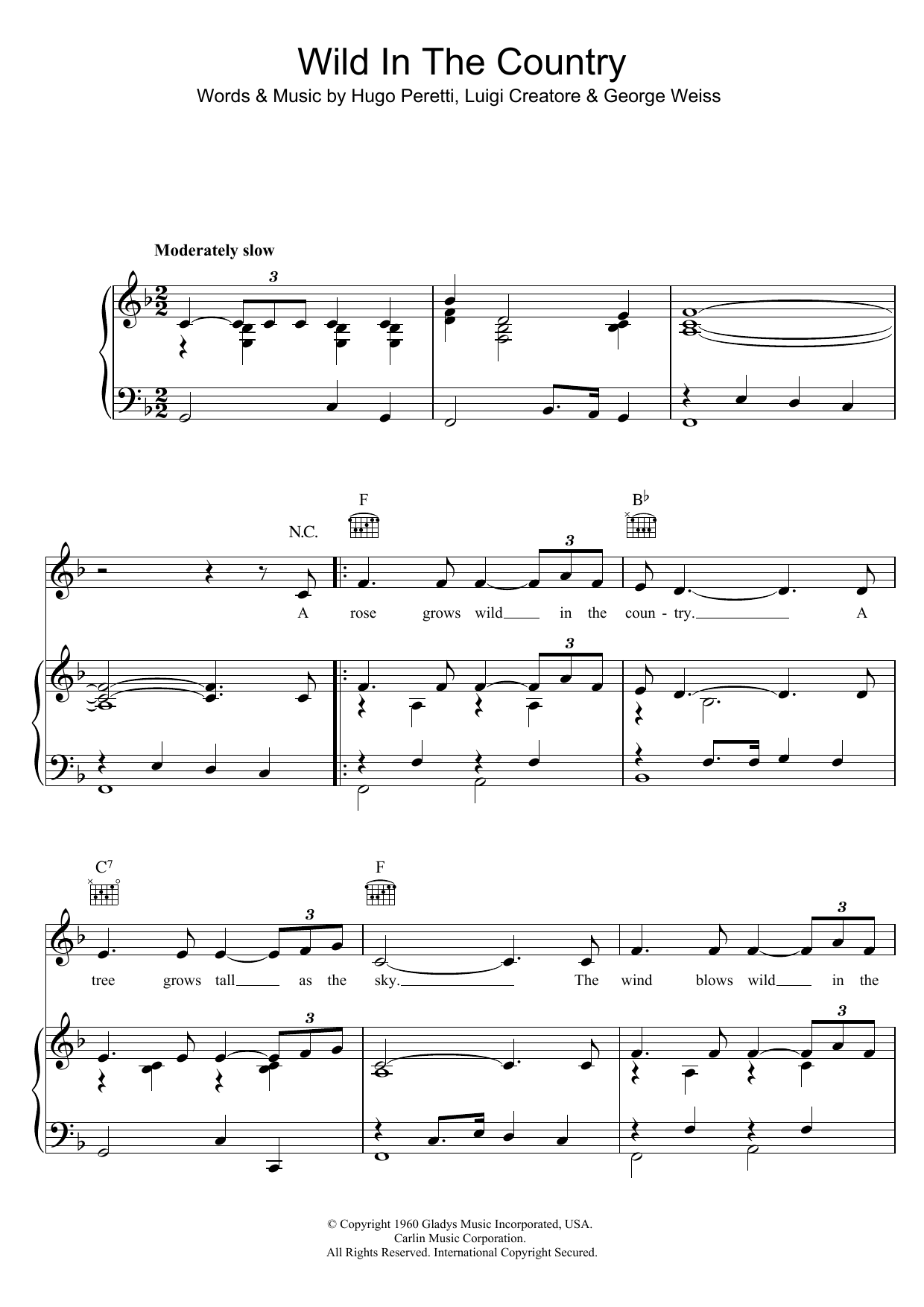 Elvis Presley Wild In The Country sheet music notes and chords arranged for Piano, Vocal & Guitar Chords