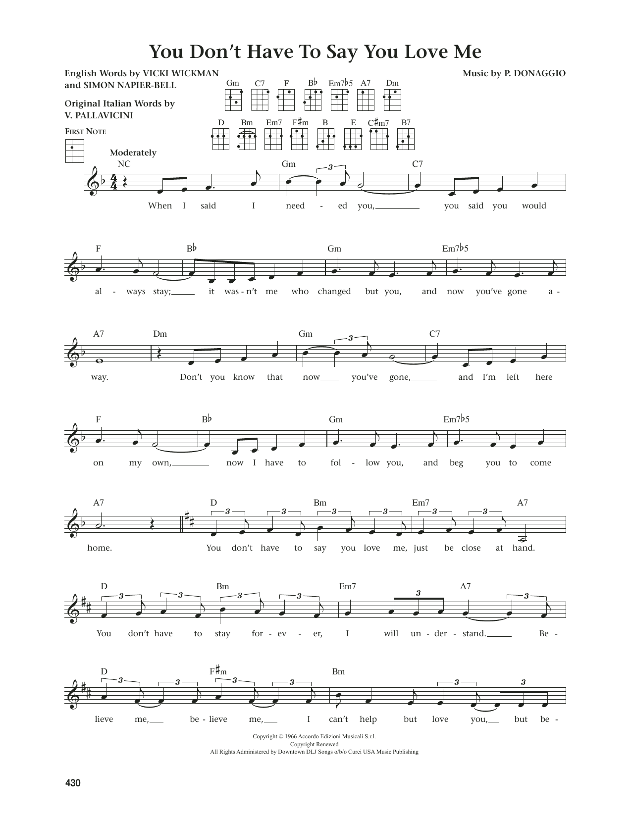 Elvis Presley You Don't Have To Say You Love Me (from The Daily Ukulele) (arr. Jim Beloff) sheet music notes and chords arranged for Ukulele