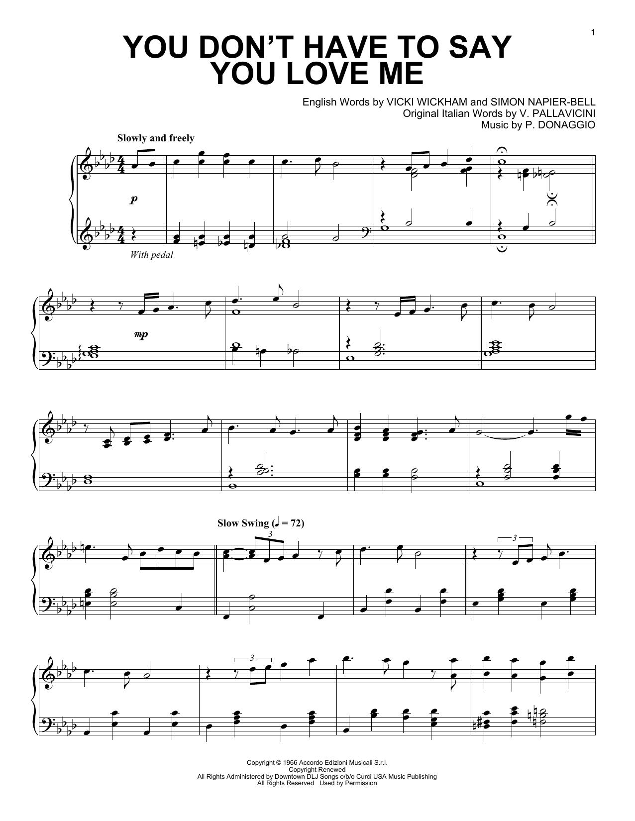 Elvis Presley You Don't Have To Say You Love Me [Jazz version] sheet music notes and chords arranged for Piano Solo