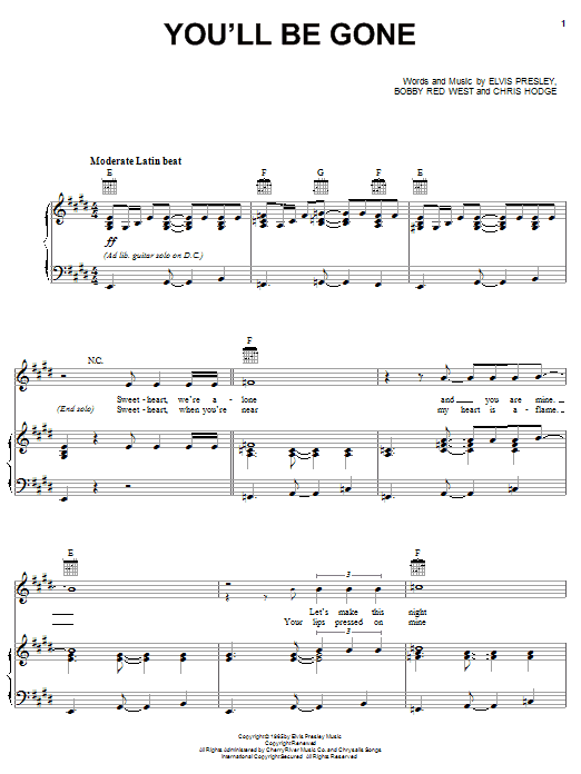 Elvis Presley You'll Be Gone sheet music notes and chords arranged for Piano, Vocal & Guitar Chords (Right-Hand Melody)