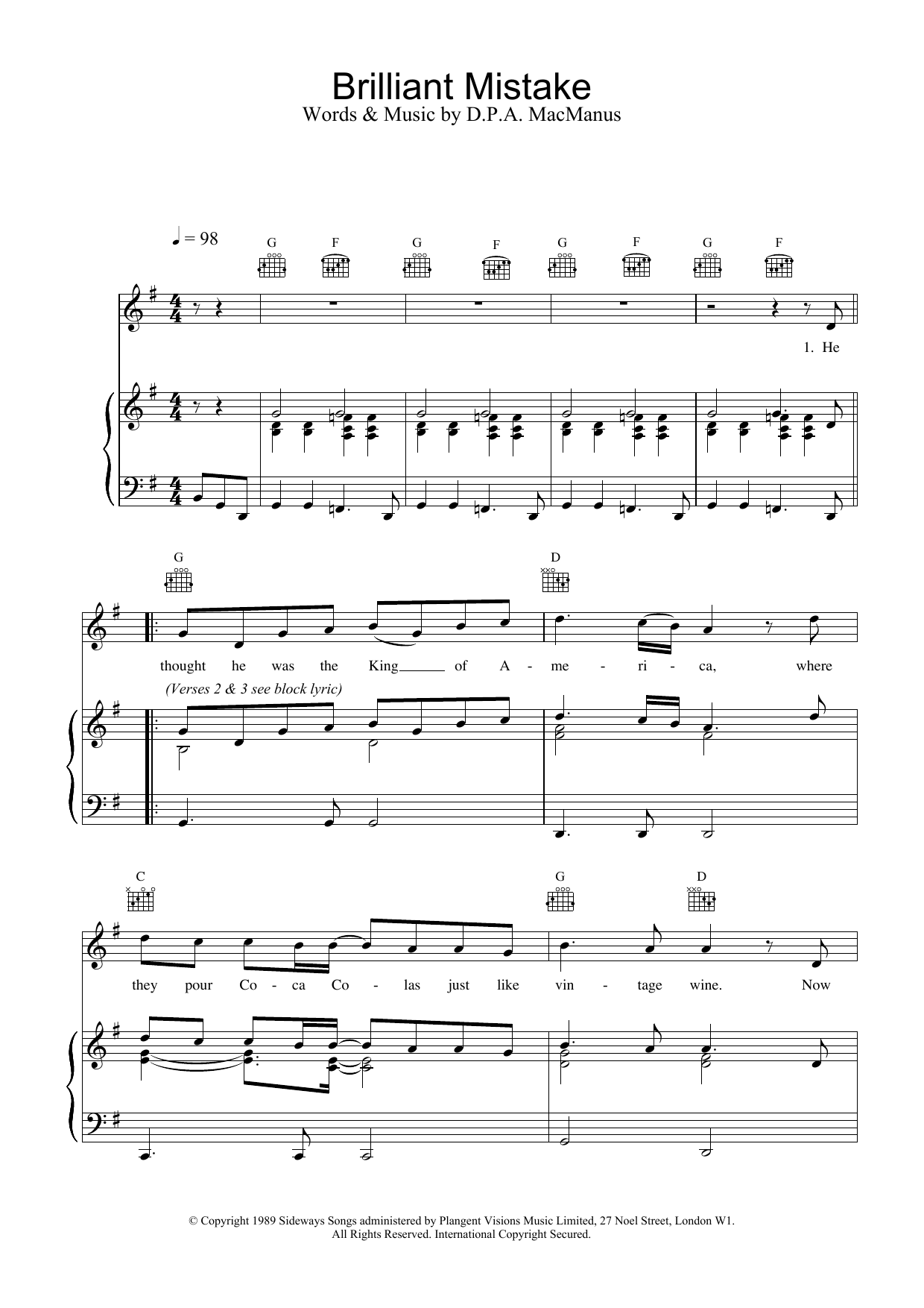Elvis Costello Brilliant Mistake sheet music notes and chords arranged for Piano, Vocal & Guitar Chords